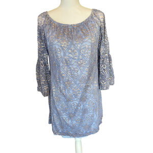 Women's Honeyme Dress Sz S Lace Blue Gold Thread Bell Sleeves Lined